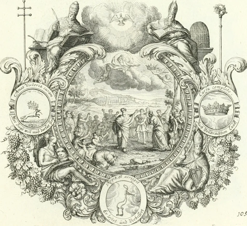 An illustration from Heilige Augen- und Gemüths-Lust : vorstellend, alle sonn- fest- und feyrtägliche nicht nur Evangelien, sondern auch Epistelen und Lectionen, jene historisch : diese auch emblemmatisch, und mit curieusen Einfassungen : in vielen Kupffer-Stücken von frembder und gantz neuer Invention : so wohl zur Kunst-Ubung als Unterhaltung Gottseeliger Betrachtungen, wie auch Vermehrung der Kupffer-Bibelen und Ausszierung aller christlichen Postillen dienlich, 1706, leaf 230