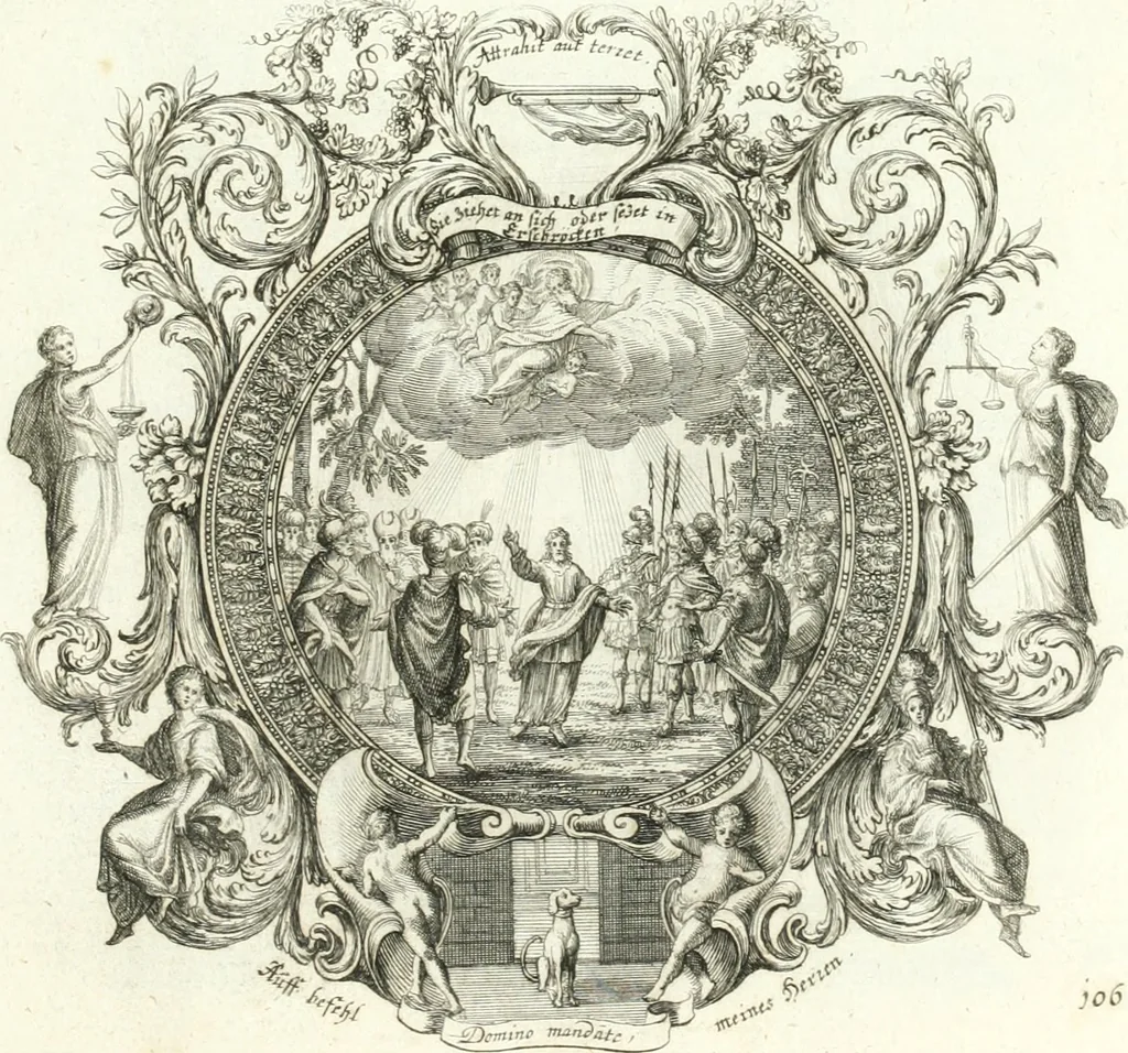 An illustration from Heilige Augen- und Gemüths-Lust : vorstellend, alle sonn- fest- und feyrtägliche nicht nur Evangelien, sondern auch Epistelen und Lectionen, jene historisch : diese auch emblemmatisch, und mit curieusen Einfassungen : in vielen Kupffer-Stücken von frembder und gantz neuer Invention : so wohl zur Kunst-Ubung als Unterhaltung Gottseeliger Betrachtungen, wie auch Vermehrung der Kupffer-Bibelen und Ausszierung aller christlichen Postillen dienlich, 1706, leaf 232