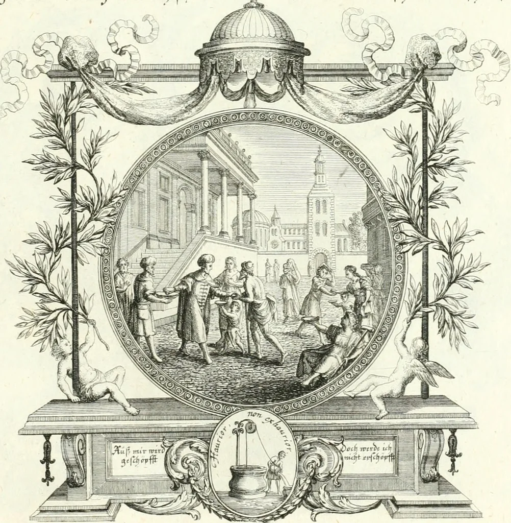 An illustration from Heilige Augen- und Gemüths-Lust : vorstellend, alle sonn- fest- und feyrtägliche nicht nur Evangelien, sondern auch Epistelen und Lectionen, jene historisch : diese auch emblemmatisch, und mit curieusen Einfassungen : in vielen Kupffer-Stücken von frembder und gantz neuer Invention : so wohl zur Kunst-Ubung als Unterhaltung Gottseeliger Betrachtungen, wie auch Vermehrung der Kupffer-Bibelen und Ausszierung aller christlichen Postillen dienlich, 1706, leaf 234