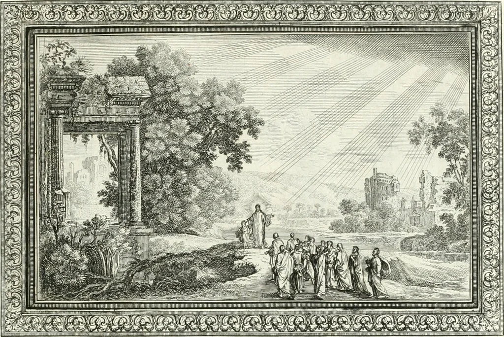 An illustration from Heilige Augen- und Gemüths-Lust : vorstellend, alle sonn- fest- und feyrtägliche nicht nur Evangelien, sondern auch Epistelen und Lectionen, jene historisch : diese auch emblemmatisch, und mit curieusen Einfassungen : in vielen Kupffer-Stücken von frembder und gantz neuer Invention : so wohl zur Kunst-Ubung als Unterhaltung Gottseeliger Betrachtungen, wie auch Vermehrung der Kupffer-Bibelen und Ausszierung aller christlichen Postillen dienlich, 1706, leaf 238