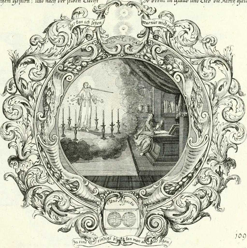 An illustration from Heilige Augen- und Gemüths-Lust : vorstellend, alle sonn- fest- und feyrtägliche nicht nur Evangelien, sondern auch Epistelen und Lectionen, jene historisch : diese auch emblemmatisch, und mit curieusen Einfassungen : in vielen Kupffer-Stücken von frembder und gantz neuer Invention : so wohl zur Kunst-Ubung als Unterhaltung Gottseeliger Betrachtungen, wie auch Vermehrung der Kupffer-Bibelen und Ausszierung aller christlichen Postillen dienlich, 1706, leaf 238