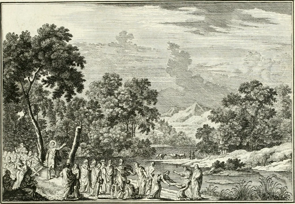 An illustration from Heilige Augen- und Gemüths-Lust : vorstellend, alle sonn- fest- und feyrtägliche nicht nur Evangelien, sondern auch Epistelen und Lectionen, jene historisch : diese auch emblemmatisch, und mit curieusen Einfassungen : in vielen Kupffer-Stücken von frembder und gantz neuer Invention : so wohl zur Kunst-Ubung als Unterhaltung Gottseeliger Betrachtungen, wie auch Vermehrung der Kupffer-Bibelen und Ausszierung aller christlichen Postillen dienlich, 1706, leaf 24