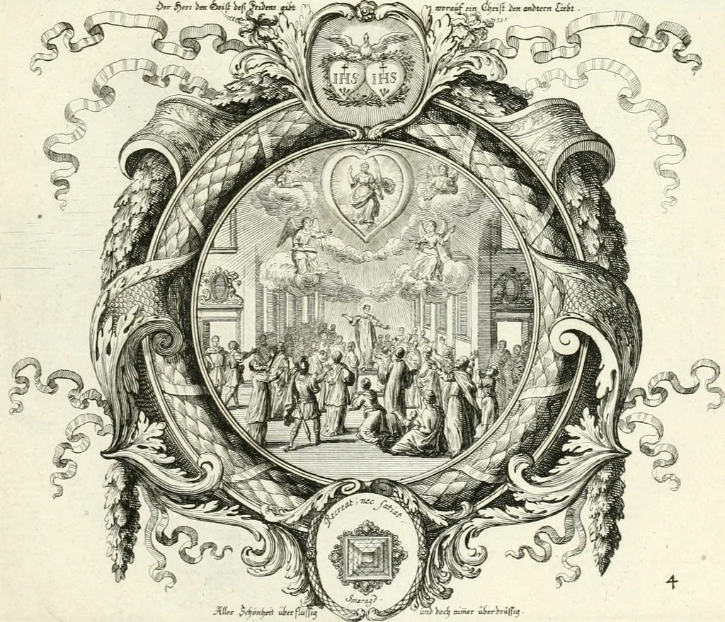 An illustration from Heilige Augen- und Gemüths-Lust : vorstellend, alle sonn- fest- und feyrtägliche nicht nur Evangelien, sondern auch Epistelen und Lectionen, jene historisch : diese auch emblemmatisch, und mit curieusen Einfassungen : in vielen Kupffer-Stücken von frembder und gantz neuer Invention : so wohl zur Kunst-Ubung als Unterhaltung Gottseeliger Betrachtungen, wie auch Vermehrung der Kupffer-Bibelen und Ausszierung aller christlichen Postillen dienlich, 1706, leaf 24
