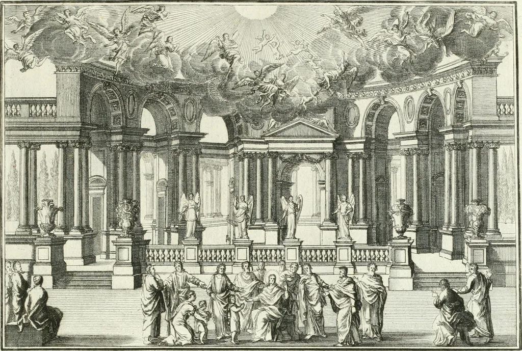An illustration from Heilige Augen- und Gemüths-Lust : vorstellend, alle sonn- fest- und feyrtägliche nicht nur Evangelien, sondern auch Epistelen und Lectionen, jene historisch : diese auch emblemmatisch, und mit curieusen Einfassungen : in vielen Kupffer-Stücken von frembder und gantz neuer Invention : so wohl zur Kunst-Ubung als Unterhaltung Gottseeliger Betrachtungen, wie auch Vermehrung der Kupffer-Bibelen und Ausszierung aller christlichen Postillen dienlich, 1706, leaf 240