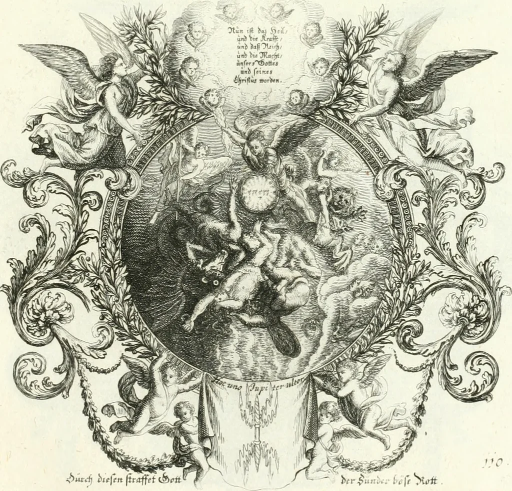 An illustration from Heilige Augen- und Gemüths-Lust : vorstellend, alle sonn- fest- und feyrtägliche nicht nur Evangelien, sondern auch Epistelen und Lectionen, jene historisch : diese auch emblemmatisch, und mit curieusen Einfassungen : in vielen Kupffer-Stücken von frembder und gantz neuer Invention : so wohl zur Kunst-Ubung als Unterhaltung Gottseeliger Betrachtungen, wie auch Vermehrung der Kupffer-Bibelen und Ausszierung aller christlichen Postillen dienlich, 1706, leaf 240