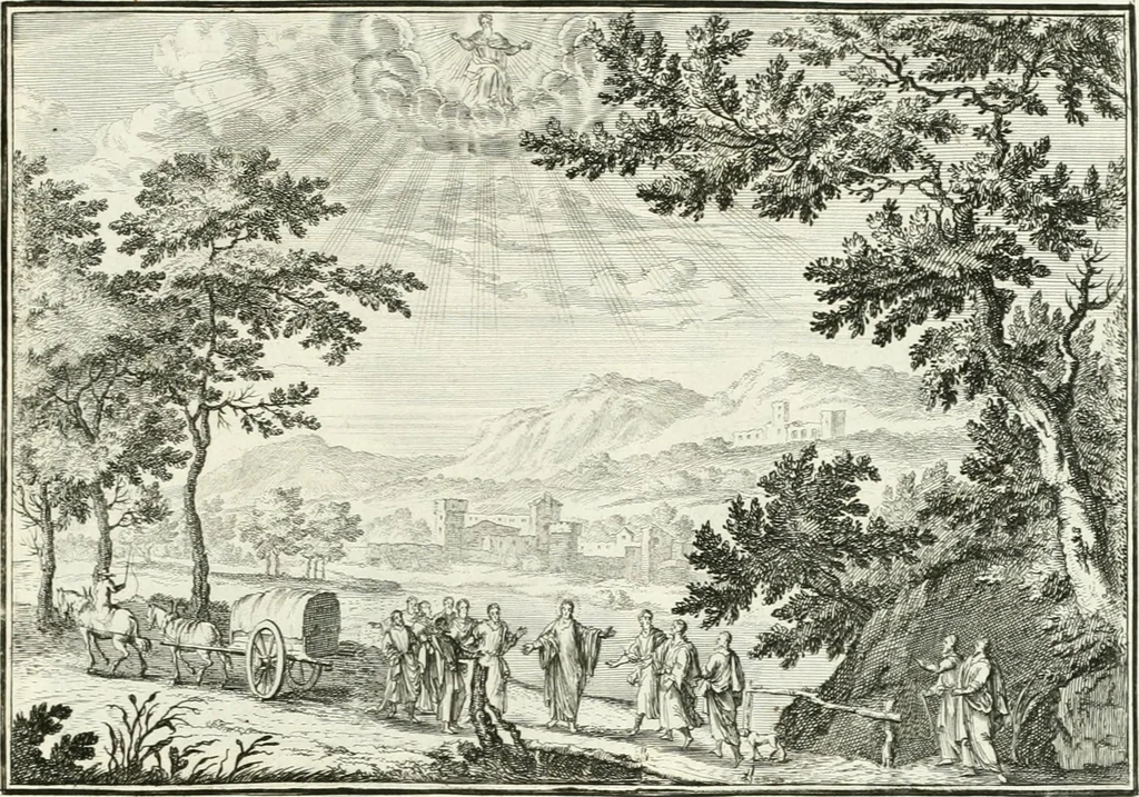 An illustration from Heilige Augen- und Gemüths-Lust : vorstellend, alle sonn- fest- und feyrtägliche nicht nur Evangelien, sondern auch Epistelen und Lectionen, jene historisch : diese auch emblemmatisch, und mit curieusen Einfassungen : in vielen Kupffer-Stücken von frembder und gantz neuer Invention : so wohl zur Kunst-Ubung als Unterhaltung Gottseeliger Betrachtungen, wie auch Vermehrung der Kupffer-Bibelen und Ausszierung aller christlichen Postillen dienlich, 1706, leaf 242