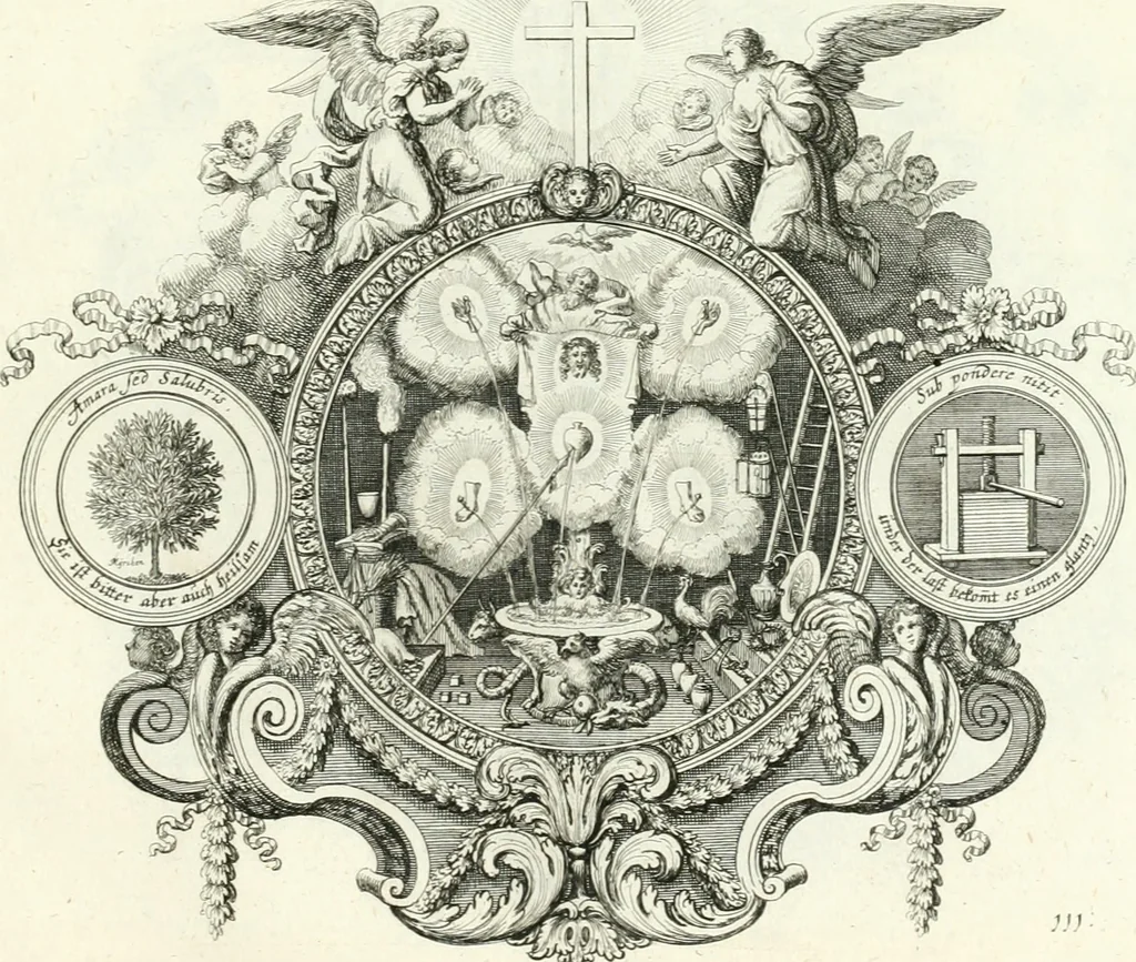 An illustration from Heilige Augen- und Gemüths-Lust : vorstellend, alle sonn- fest- und feyrtägliche nicht nur Evangelien, sondern auch Epistelen und Lectionen, jene historisch : diese auch emblemmatisch, und mit curieusen Einfassungen : in vielen Kupffer-Stücken von frembder und gantz neuer Invention : so wohl zur Kunst-Ubung als Unterhaltung Gottseeliger Betrachtungen, wie auch Vermehrung der Kupffer-Bibelen und Ausszierung aller christlichen Postillen dienlich, 1706, leaf 242