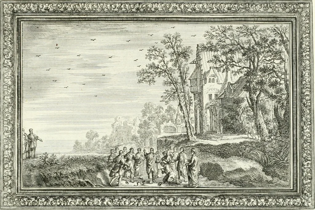 An illustration from Heilige Augen- und Gemüths-Lust : vorstellend, alle sonn- fest- und feyrtägliche nicht nur Evangelien, sondern auch Epistelen und Lectionen, jene historisch : diese auch emblemmatisch, und mit curieusen Einfassungen : in vielen Kupffer-Stücken von frembder und gantz neuer Invention : so wohl zur Kunst-Ubung als Unterhaltung Gottseeliger Betrachtungen, wie auch Vermehrung der Kupffer-Bibelen und Ausszierung aller christlichen Postillen dienlich, 1706, leaf 244