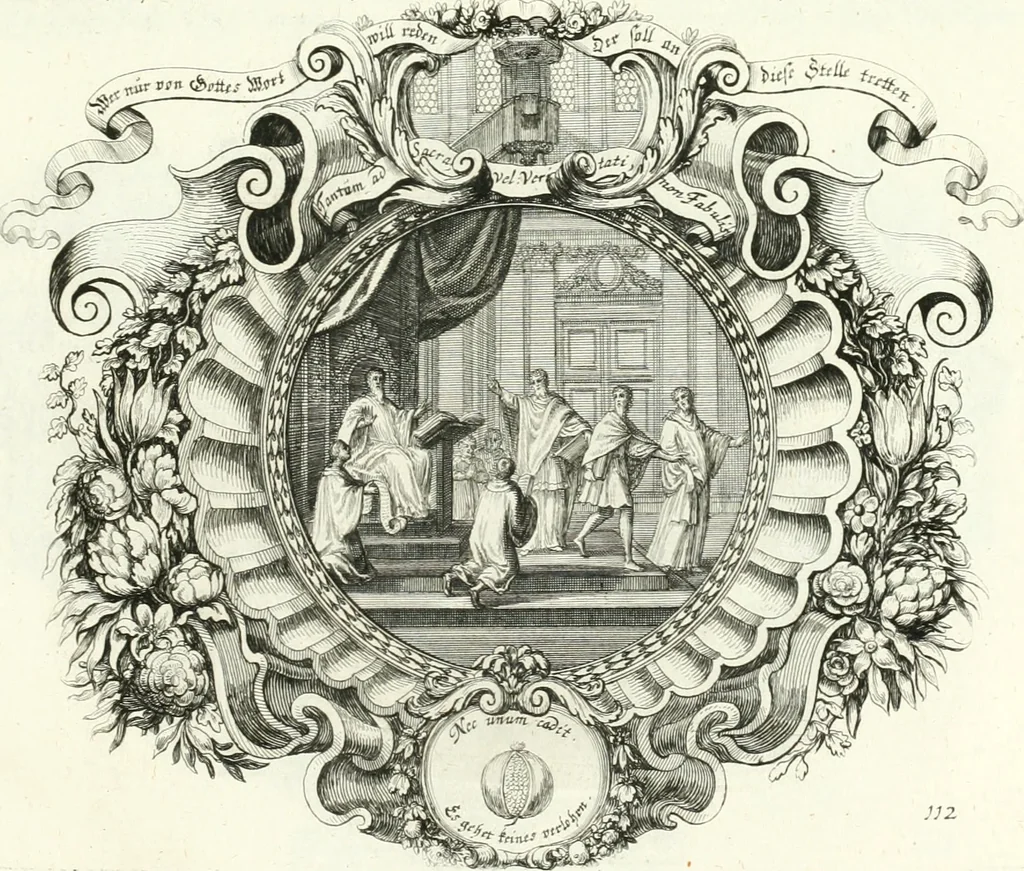 An illustration from Heilige Augen- und Gemüths-Lust : vorstellend, alle sonn- fest- und feyrtägliche nicht nur Evangelien, sondern auch Epistelen und Lectionen, jene historisch : diese auch emblemmatisch, und mit curieusen Einfassungen : in vielen Kupffer-Stücken von frembder und gantz neuer Invention : so wohl zur Kunst-Ubung als Unterhaltung Gottseeliger Betrachtungen, wie auch Vermehrung der Kupffer-Bibelen und Ausszierung aller christlichen Postillen dienlich, 1706, leaf 244