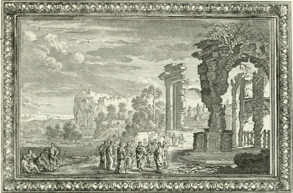An illustration from Heilige Augen- und Gemüths-Lust : vorstellend, alle sonn- fest- und feyrtägliche nicht nur Evangelien, sondern auch Epistelen und Lectionen, jene historisch : diese auch emblemmatisch, und mit curieusen Einfassungen : in vielen Kupffer-Stücken von frembder und gantz neuer Invention : so wohl zur Kunst-Ubung als Unterhaltung Gottseeliger Betrachtungen, wie auch Vermehrung der Kupffer-Bibelen und Ausszierung aller christlichen Postillen dienlich, 1706, leaf 246