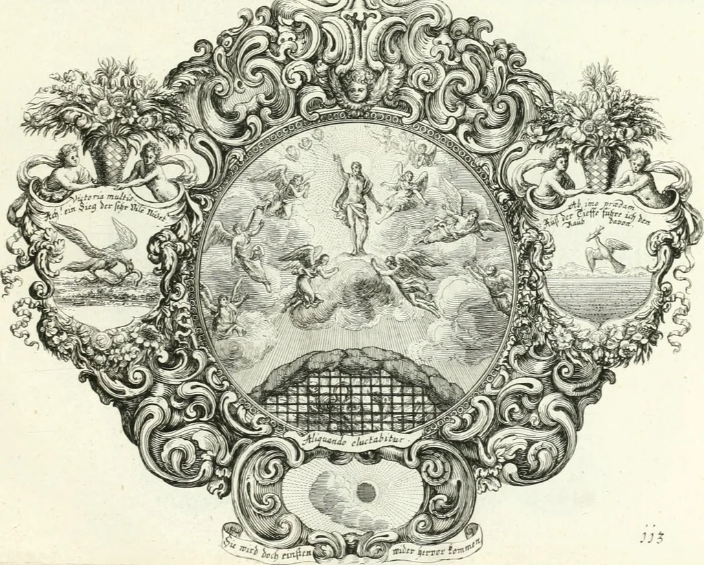 An illustration from Heilige Augen- und Gemüths-Lust : vorstellend, alle sonn- fest- und feyrtägliche nicht nur Evangelien, sondern auch Epistelen und Lectionen, jene historisch : diese auch emblemmatisch, und mit curieusen Einfassungen : in vielen Kupffer-Stücken von frembder und gantz neuer Invention : so wohl zur Kunst-Ubung als Unterhaltung Gottseeliger Betrachtungen, wie auch Vermehrung der Kupffer-Bibelen und Ausszierung aller christlichen Postillen dienlich, 1706, leaf 246