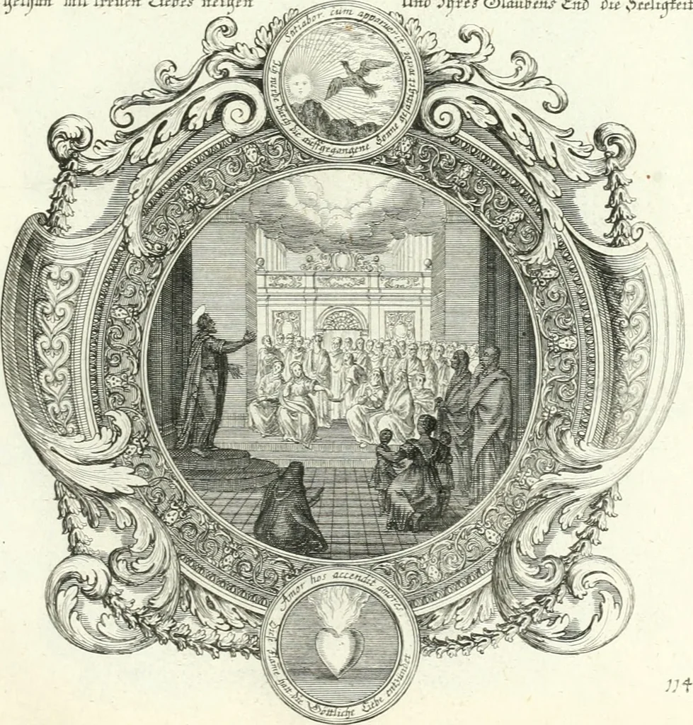An illustration from Heilige Augen- und Gemüths-Lust : vorstellend, alle sonn- fest- und feyrtägliche nicht nur Evangelien, sondern auch Epistelen und Lectionen, jene historisch : diese auch emblemmatisch, und mit curieusen Einfassungen : in vielen Kupffer-Stücken von frembder und gantz neuer Invention : so wohl zur Kunst-Ubung als Unterhaltung Gottseeliger Betrachtungen, wie auch Vermehrung der Kupffer-Bibelen und Ausszierung aller christlichen Postillen dienlich, 1706, leaf 248