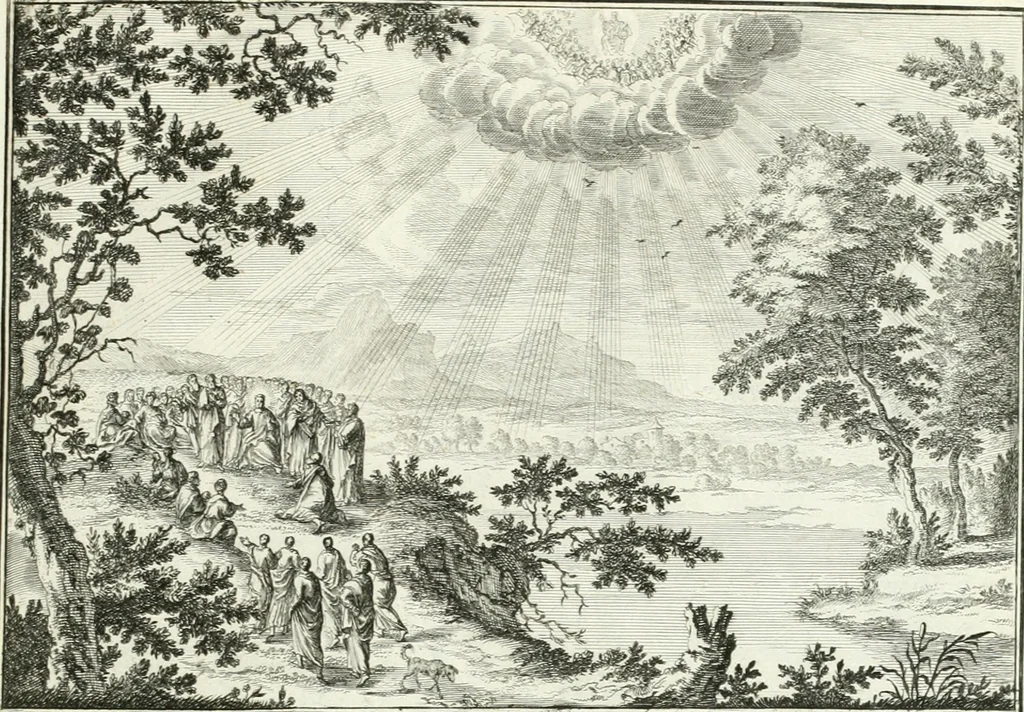 An illustration from Heilige Augen- und Gemüths-Lust : vorstellend, alle sonn- fest- und feyrtägliche nicht nur Evangelien, sondern auch Epistelen und Lectionen, jene historisch : diese auch emblemmatisch, und mit curieusen Einfassungen : in vielen Kupffer-Stücken von frembder und gantz neuer Invention : so wohl zur Kunst-Ubung als Unterhaltung Gottseeliger Betrachtungen, wie auch Vermehrung der Kupffer-Bibelen und Ausszierung aller christlichen Postillen dienlich, 1706, leaf 250