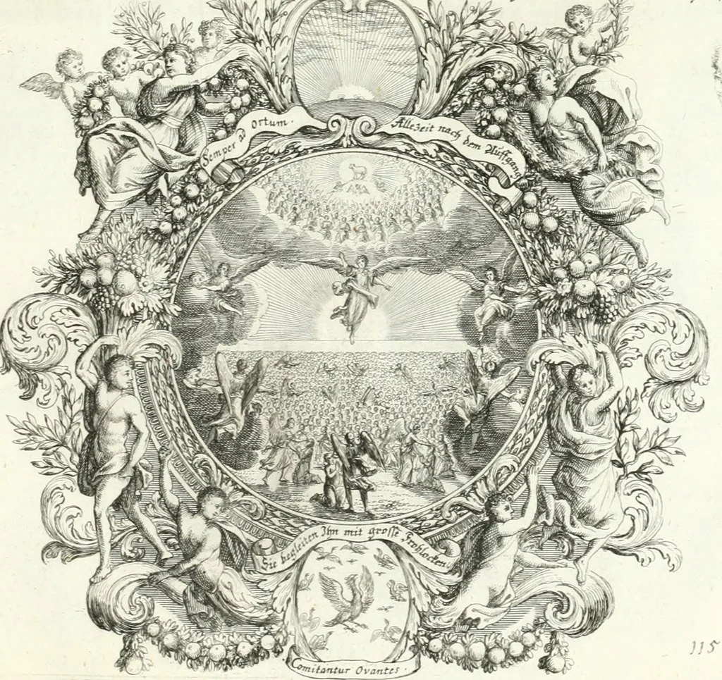 An illustration from Heilige Augen- und Gemüths-Lust : vorstellend, alle sonn- fest- und feyrtägliche nicht nur Evangelien, sondern auch Epistelen und Lectionen, jene historisch : diese auch emblemmatisch, und mit curieusen Einfassungen : in vielen Kupffer-Stücken von frembder und gantz neuer Invention : so wohl zur Kunst-Ubung als Unterhaltung Gottseeliger Betrachtungen, wie auch Vermehrung der Kupffer-Bibelen und Ausszierung aller christlichen Postillen dienlich, 1706, leaf 250