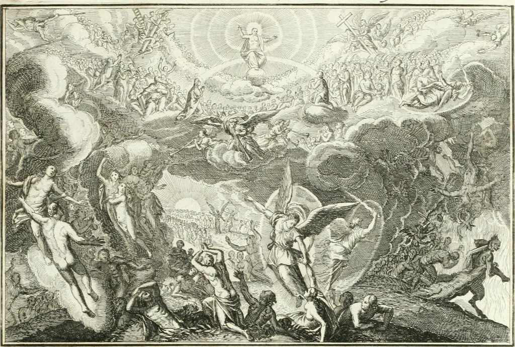 An illustration from Heilige Augen- und Gemüths-Lust : vorstellend, alle sonn- fest- und feyrtägliche nicht nur Evangelien, sondern auch Epistelen und Lectionen, jene historisch : diese auch emblemmatisch, und mit curieusen Einfassungen : in vielen Kupffer-Stücken von frembder und gantz neuer Invention : so wohl zur Kunst-Ubung als Unterhaltung Gottseeliger Betrachtungen, wie auch Vermehrung der Kupffer-Bibelen und Ausszierung aller christlichen Postillen dienlich, 1706, leaf 252