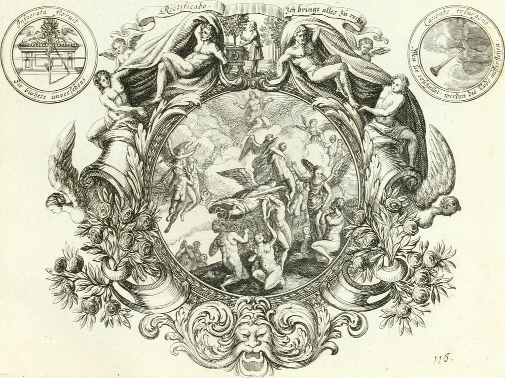 An illustration from Heilige Augen- und Gemüths-Lust : vorstellend, alle sonn- fest- und feyrtägliche nicht nur Evangelien, sondern auch Epistelen und Lectionen, jene historisch : diese auch emblemmatisch, und mit curieusen Einfassungen : in vielen Kupffer-Stücken von frembder und gantz neuer Invention : so wohl zur Kunst-Ubung als Unterhaltung Gottseeliger Betrachtungen, wie auch Vermehrung der Kupffer-Bibelen und Ausszierung aller christlichen Postillen dienlich, 1706, leaf 252
