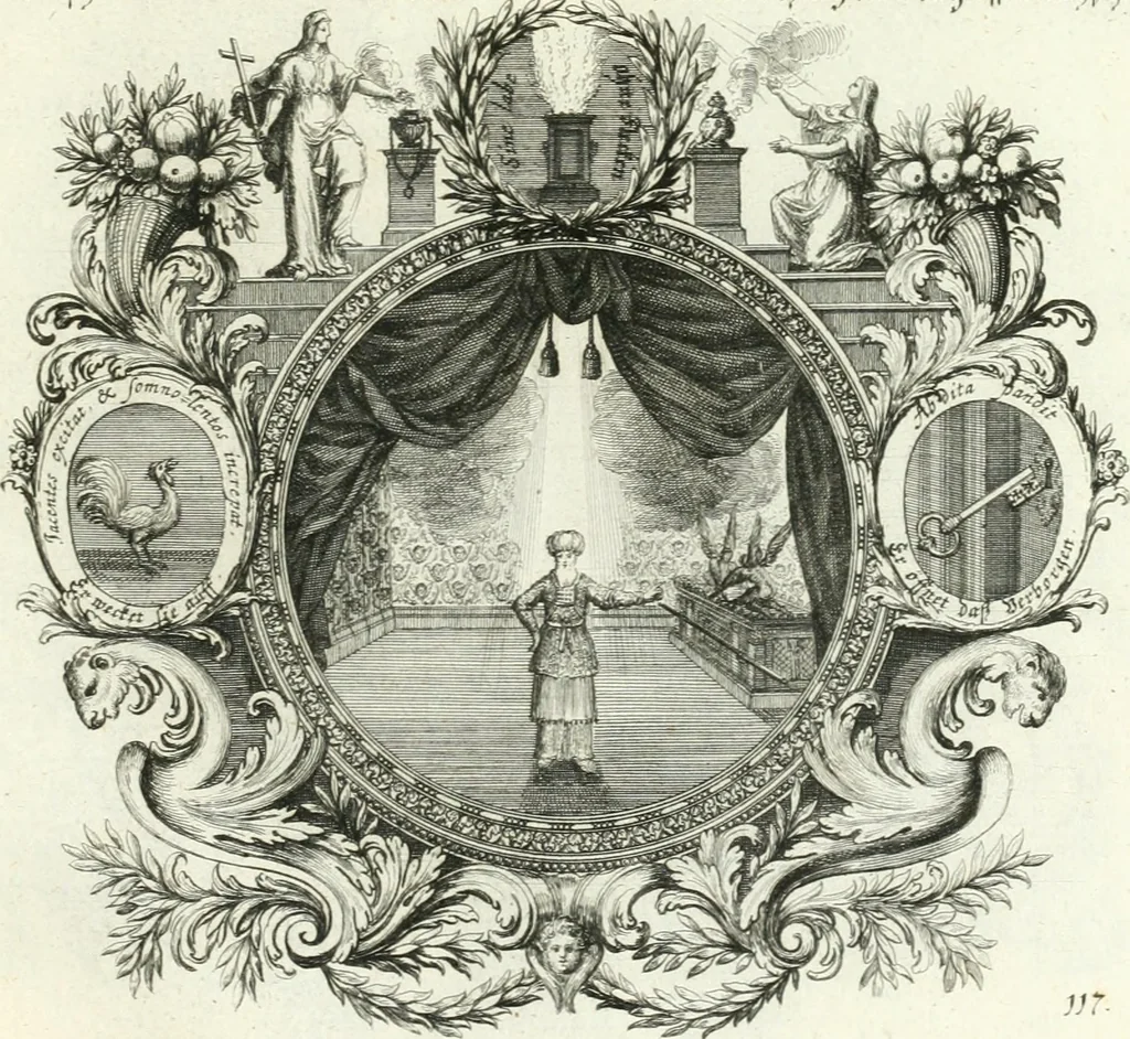 An illustration from Heilige Augen- und Gemüths-Lust : vorstellend, alle sonn- fest- und feyrtägliche nicht nur Evangelien, sondern auch Epistelen und Lectionen, jene historisch : diese auch emblemmatisch, und mit curieusen Einfassungen : in vielen Kupffer-Stücken von frembder und gantz neuer Invention : so wohl zur Kunst-Ubung als Unterhaltung Gottseeliger Betrachtungen, wie auch Vermehrung der Kupffer-Bibelen und Ausszierung aller christlichen Postillen dienlich, 1706, leaf 254