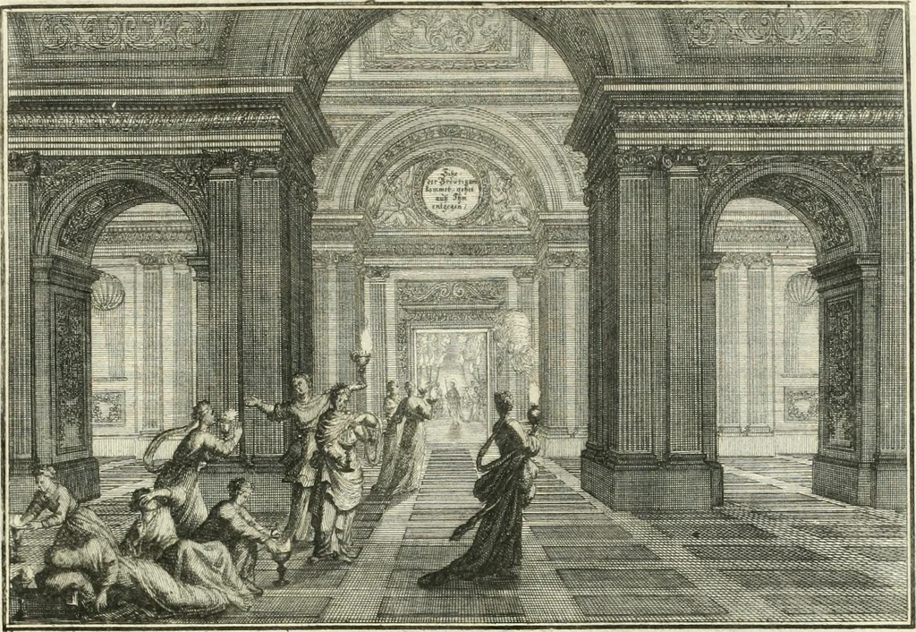 An illustration from Heilige Augen- und Gemüths-Lust : vorstellend, alle sonn- fest- und feyrtägliche nicht nur Evangelien, sondern auch Epistelen und Lectionen, jene historisch : diese auch emblemmatisch, und mit curieusen Einfassungen : in vielen Kupffer-Stücken von frembder und gantz neuer Invention : so wohl zur Kunst-Ubung als Unterhaltung Gottseeliger Betrachtungen, wie auch Vermehrung der Kupffer-Bibelen und Ausszierung aller christlichen Postillen dienlich, 1706, leaf 256