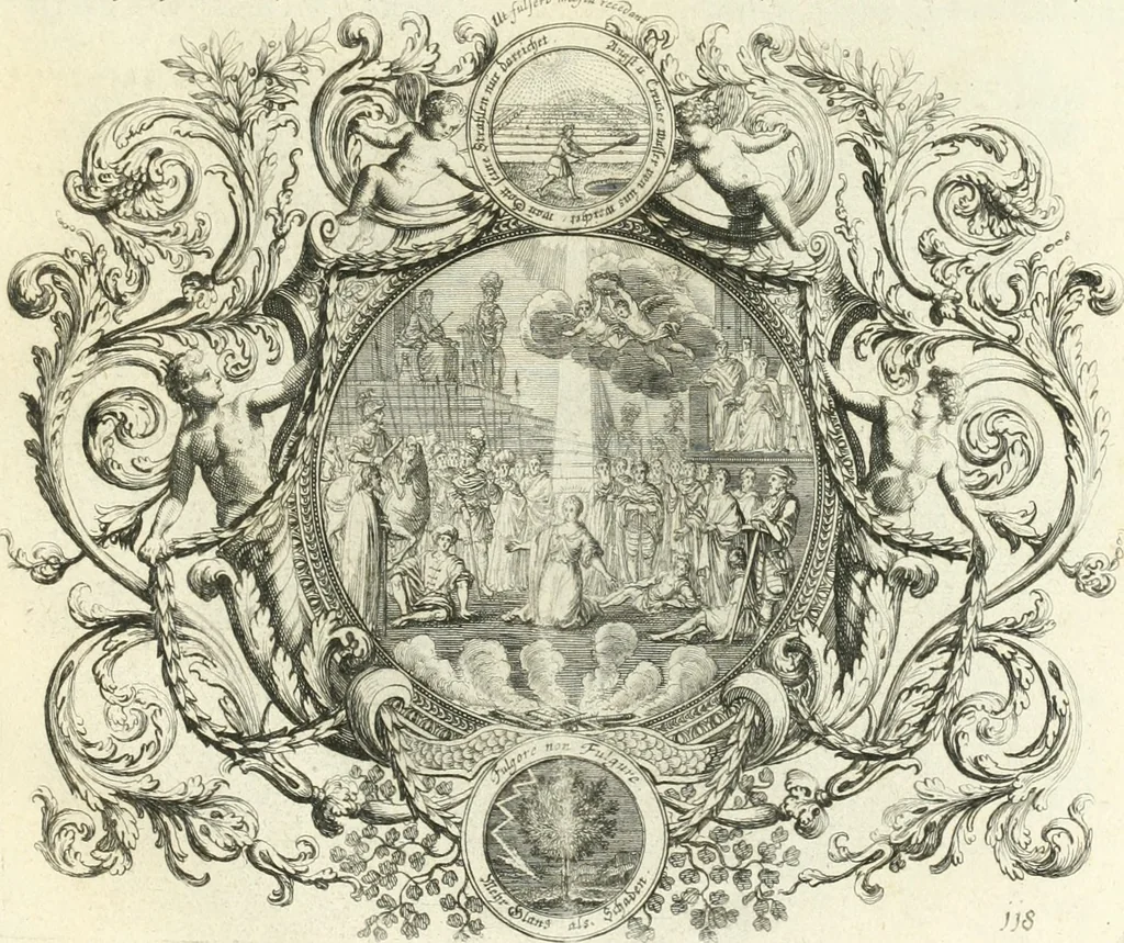 An illustration from Heilige Augen- und Gemüths-Lust : vorstellend, alle sonn- fest- und feyrtägliche nicht nur Evangelien, sondern auch Epistelen und Lectionen, jene historisch : diese auch emblemmatisch, und mit curieusen Einfassungen : in vielen Kupffer-Stücken von frembder und gantz neuer Invention : so wohl zur Kunst-Ubung als Unterhaltung Gottseeliger Betrachtungen, wie auch Vermehrung der Kupffer-Bibelen und Ausszierung aller christlichen Postillen dienlich, 1706, leaf 256