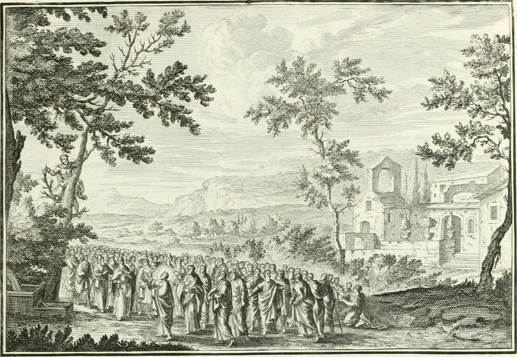 An illustration from Heilige Augen- und Gemüths-Lust : vorstellend, alle sonn- fest- und feyrtägliche nicht nur Evangelien, sondern auch Epistelen und Lectionen, jene historisch : diese auch emblemmatisch, und mit curieusen Einfassungen : in vielen Kupffer-Stücken von frembder und gantz neuer Invention : so wohl zur Kunst-Ubung als Unterhaltung Gottseeliger Betrachtungen, wie auch Vermehrung der Kupffer-Bibelen und Ausszierung aller christlichen Postillen dienlich, 1706, leaf 258