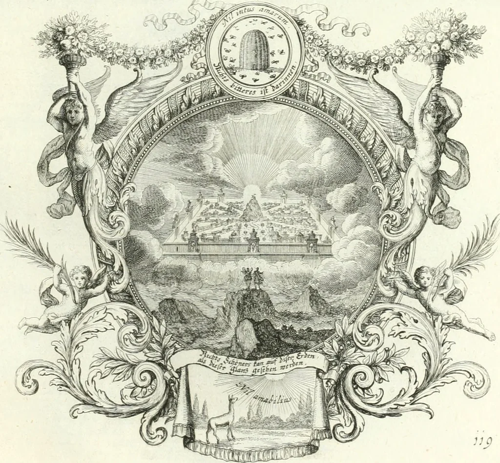 An illustration from Heilige Augen- und Gemüths-Lust : vorstellend, alle sonn- fest- und feyrtägliche nicht nur Evangelien, sondern auch Epistelen und Lectionen, jene historisch : diese auch emblemmatisch, und mit curieusen Einfassungen : in vielen Kupffer-Stücken von frembder und gantz neuer Invention : so wohl zur Kunst-Ubung als Unterhaltung Gottseeliger Betrachtungen, wie auch Vermehrung der Kupffer-Bibelen und Ausszierung aller christlichen Postillen dienlich, 1706, leaf 258