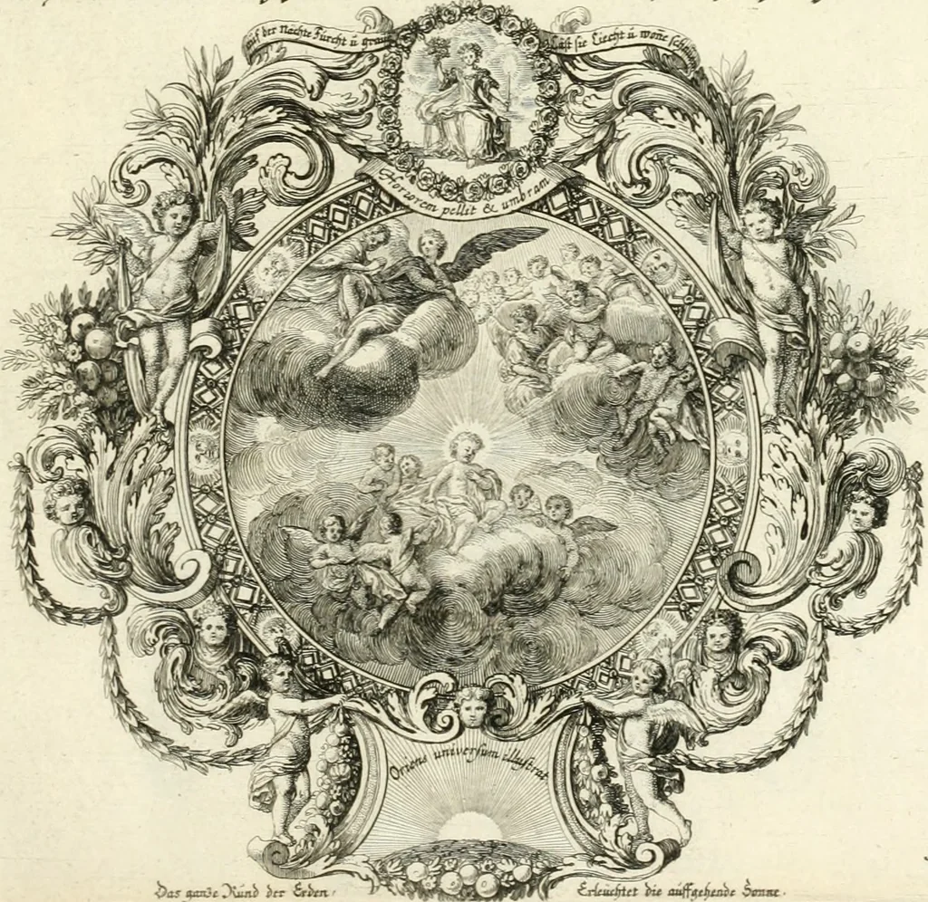An illustration from Heilige Augen- und Gemüths-Lust : vorstellend, alle sonn- fest- und feyrtägliche nicht nur Evangelien, sondern auch Epistelen und Lectionen, jene historisch : diese auch emblemmatisch, und mit curieusen Einfassungen : in vielen Kupffer-Stücken von frembder und gantz neuer Invention : so wohl zur Kunst-Ubung als Unterhaltung Gottseeliger Betrachtungen, wie auch Vermehrung der Kupffer-Bibelen und Ausszierung aller christlichen Postillen dienlich, 1706, leaf 26