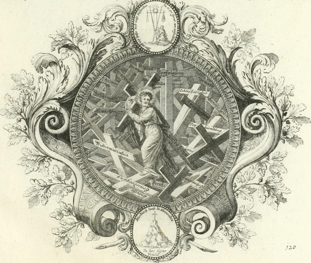An illustration from Heilige Augen- und Gemüths-Lust : vorstellend, alle sonn- fest- und feyrtägliche nicht nur Evangelien, sondern auch Epistelen und Lectionen, jene historisch : diese auch emblemmatisch, und mit curieusen Einfassungen : in vielen Kupffer-Stücken von frembder und gantz neuer Invention : so wohl zur Kunst-Ubung als Unterhaltung Gottseeliger Betrachtungen, wie auch Vermehrung der Kupffer-Bibelen und Ausszierung aller christlichen Postillen dienlich, 1706, leaf 260