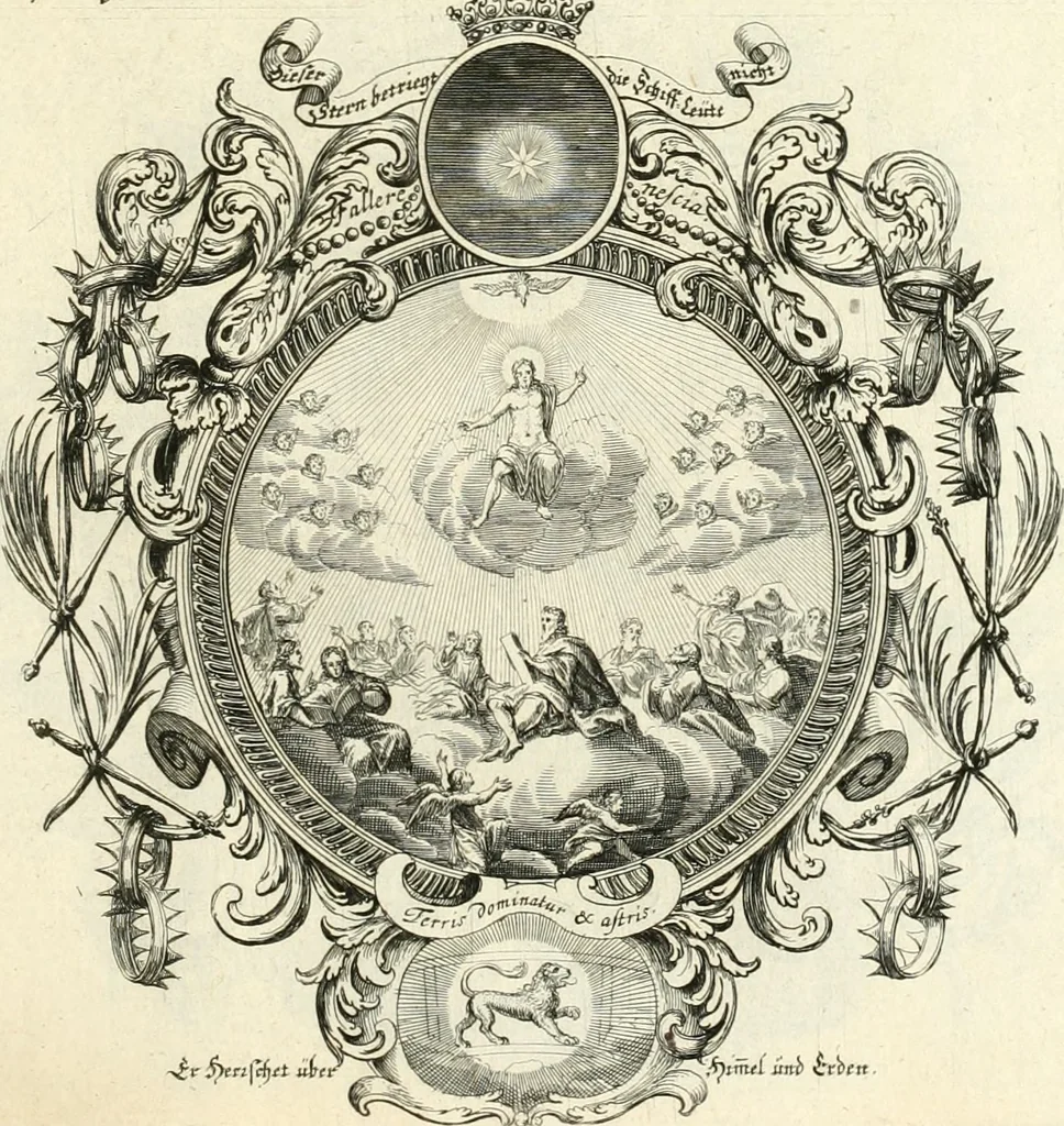 An illustration from Heilige Augen- und Gemüths-Lust : vorstellend, alle sonn- fest- und feyrtägliche nicht nur Evangelien, sondern auch Epistelen und Lectionen, jene historisch : diese auch emblemmatisch, und mit curieusen Einfassungen : in vielen Kupffer-Stücken von frembder und gantz neuer Invention : so wohl zur Kunst-Ubung als Unterhaltung Gottseeliger Betrachtungen, wie auch Vermehrung der Kupffer-Bibelen und Ausszierung aller christlichen Postillen dienlich, 1706, leaf 28