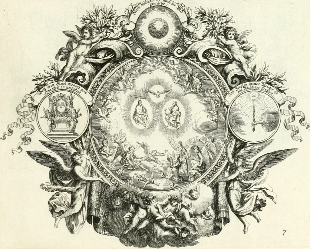 An illustration from Heilige Augen- und Gemüths-Lust : vorstellend, alle sonn- fest- und feyrtägliche nicht nur Evangelien, sondern auch Epistelen und Lectionen, jene historisch : diese auch emblemmatisch, und mit curieusen Einfassungen : in vielen Kupffer-Stücken von frembder und gantz neuer Invention : so wohl zur Kunst-Ubung als Unterhaltung Gottseeliger Betrachtungen, wie auch Vermehrung der Kupffer-Bibelen und Ausszierung aller christlichen Postillen dienlich, 1706, leaf 30