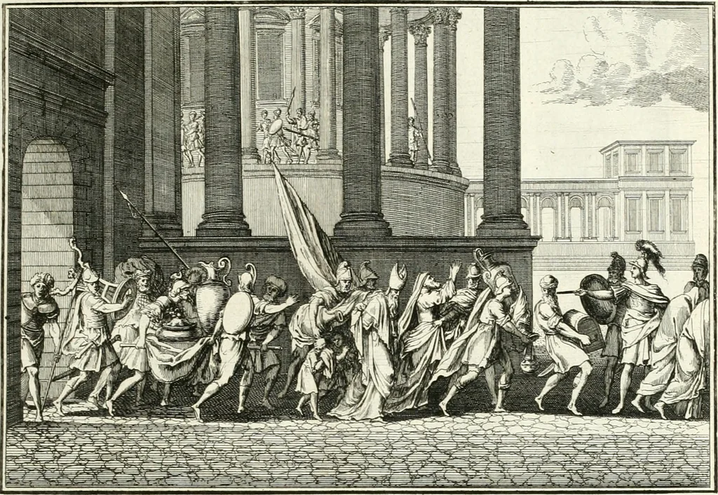 An illustration from Heilige Augen- und Gemüths-Lust : vorstellend, alle sonn- fest- und feyrtägliche nicht nur Evangelien, sondern auch Epistelen und Lectionen, jene historisch : diese auch emblemmatisch, und mit curieusen Einfassungen : in vielen Kupffer-Stücken von frembder und gantz neuer Invention : so wohl zur Kunst-Ubung als Unterhaltung Gottseeliger Betrachtungen, wie auch Vermehrung der Kupffer-Bibelen und Ausszierung aller christlichen Postillen dienlich, 1706, leaf 32