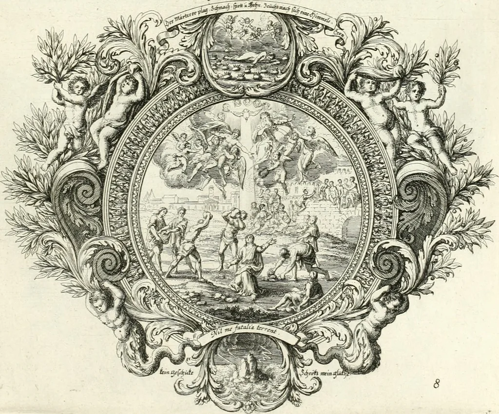 An illustration from Heilige Augen- und Gemüths-Lust : vorstellend, alle sonn- fest- und feyrtägliche nicht nur Evangelien, sondern auch Epistelen und Lectionen, jene historisch : diese auch emblemmatisch, und mit curieusen Einfassungen : in vielen Kupffer-Stücken von frembder und gantz neuer Invention : so wohl zur Kunst-Ubung als Unterhaltung Gottseeliger Betrachtungen, wie auch Vermehrung der Kupffer-Bibelen und Ausszierung aller christlichen Postillen dienlich, 1706, leaf 32