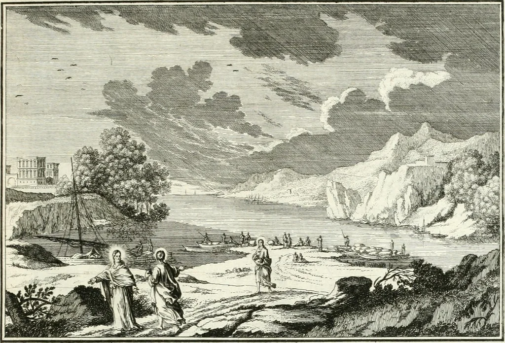 An illustration from Heilige Augen- und Gemüths-Lust : vorstellend, alle sonn- fest- und feyrtägliche nicht nur Evangelien, sondern auch Epistelen und Lectionen, jene historisch : diese auch emblemmatisch, und mit curieusen Einfassungen : in vielen Kupffer-Stücken von frembder und gantz neuer Invention : so wohl zur Kunst-Ubung als Unterhaltung Gottseeliger Betrachtungen, wie auch Vermehrung der Kupffer-Bibelen und Ausszierung aller christlichen Postillen dienlich, 1706, leaf 34