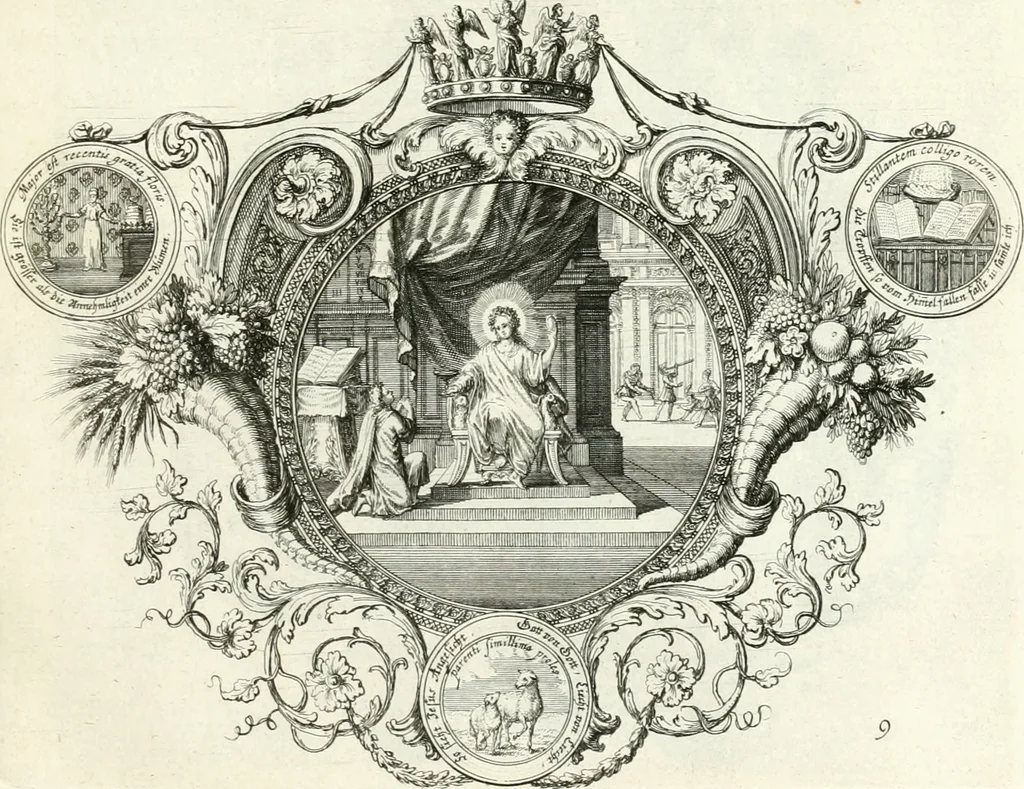 An illustration from Heilige Augen- und Gemüths-Lust : vorstellend, alle sonn- fest- und feyrtägliche nicht nur Evangelien, sondern auch Epistelen und Lectionen, jene historisch : diese auch emblemmatisch, und mit curieusen Einfassungen : in vielen Kupffer-Stücken von frembder und gantz neuer Invention : so wohl zur Kunst-Ubung als Unterhaltung Gottseeliger Betrachtungen, wie auch Vermehrung der Kupffer-Bibelen und Ausszierung aller christlichen Postillen dienlich, 1706, leaf 34