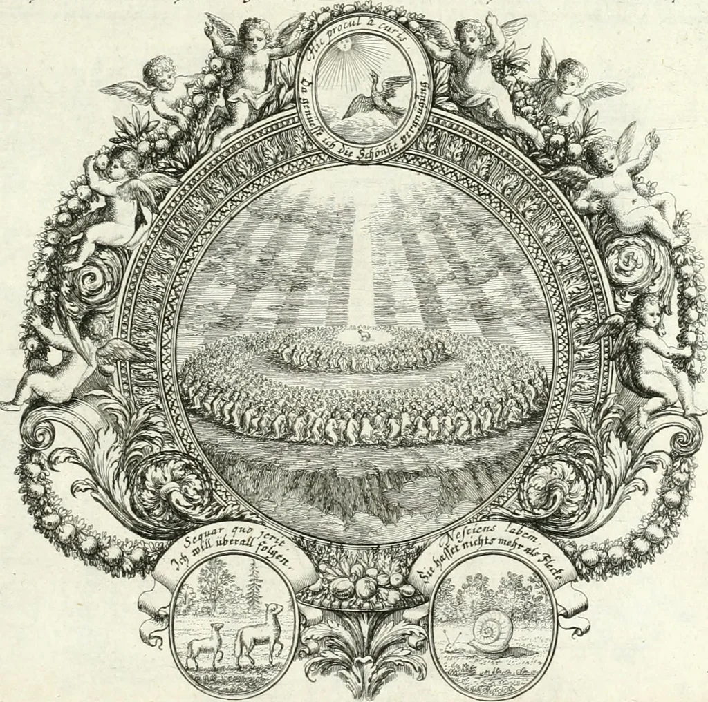 An illustration from Heilige Augen- und Gemüths-Lust : vorstellend, alle sonn- fest- und feyrtägliche nicht nur Evangelien, sondern auch Epistelen und Lectionen, jene historisch : diese auch emblemmatisch, und mit curieusen Einfassungen : in vielen Kupffer-Stücken von frembder und gantz neuer Invention : so wohl zur Kunst-Ubung als Unterhaltung Gottseeliger Betrachtungen, wie auch Vermehrung der Kupffer-Bibelen und Ausszierung aller christlichen Postillen dienlich, 1706, leaf 36