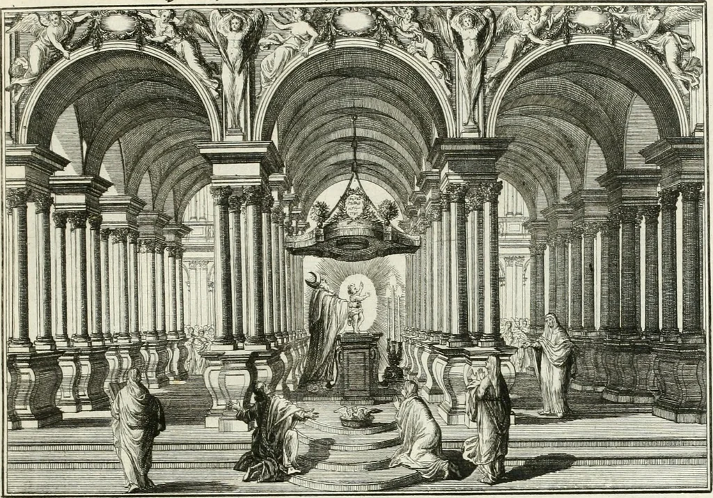 An illustration from Heilige Augen- und Gemüths-Lust : vorstellend, alle sonn- fest- und feyrtägliche nicht nur Evangelien, sondern auch Epistelen und Lectionen, jene historisch : diese auch emblemmatisch, und mit curieusen Einfassungen : in vielen Kupffer-Stücken von frembder und gantz neuer Invention : so wohl zur Kunst-Ubung als Unterhaltung Gottseeliger Betrachtungen, wie auch Vermehrung der Kupffer-Bibelen und Ausszierung aller christlichen Postillen dienlich, 1706, leaf 38