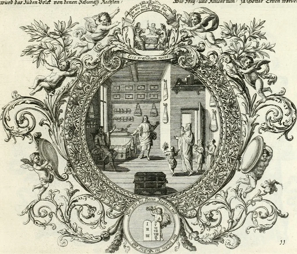 An illustration from Heilige Augen- und Gemüths-Lust : vorstellend, alle sonn- fest- und feyrtägliche nicht nur Evangelien, sondern auch Epistelen und Lectionen, jene historisch : diese auch emblemmatisch, und mit curieusen Einfassungen : in vielen Kupffer-Stücken von frembder und gantz neuer Invention : so wohl zur Kunst-Ubung als Unterhaltung Gottseeliger Betrachtungen, wie auch Vermehrung der Kupffer-Bibelen und Ausszierung aller christlichen Postillen dienlich, 1706, leaf 38