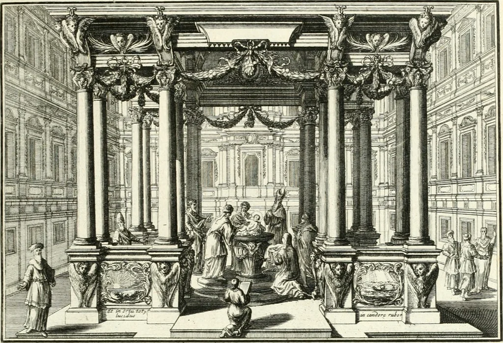 An illustration from Heilige Augen- und Gemüths-Lust : vorstellend, alle sonn- fest- und feyrtägliche nicht nur Evangelien, sondern auch Epistelen und Lectionen, jene historisch : diese auch emblemmatisch, und mit curieusen Einfassungen : in vielen Kupffer-Stücken von frembder und gantz neuer Invention : so wohl zur Kunst-Ubung als Unterhaltung Gottseeliger Betrachtungen, wie auch Vermehrung der Kupffer-Bibelen und Ausszierung aller christlichen Postillen dienlich, 1706, leaf 40
