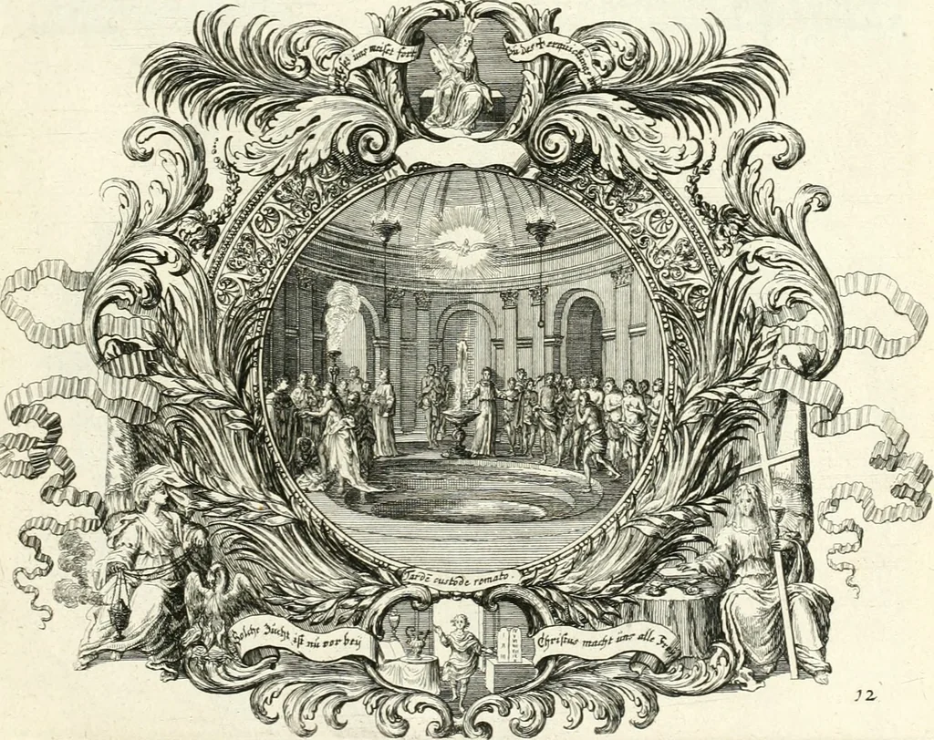 An illustration from Heilige Augen- und Gemüths-Lust : vorstellend, alle sonn- fest- und feyrtägliche nicht nur Evangelien, sondern auch Epistelen und Lectionen, jene historisch : diese auch emblemmatisch, und mit curieusen Einfassungen : in vielen Kupffer-Stücken von frembder und gantz neuer Invention : so wohl zur Kunst-Ubung als Unterhaltung Gottseeliger Betrachtungen, wie auch Vermehrung der Kupffer-Bibelen und Ausszierung aller christlichen Postillen dienlich, 1706, leaf 40