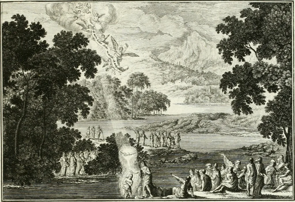 An illustration from Heilige Augen- und Gemüths-Lust : vorstellend, alle sonn- fest- und feyrtägliche nicht nur Evangelien, sondern auch Epistelen und Lectionen, jene historisch : diese auch emblemmatisch, und mit curieusen Einfassungen : in vielen Kupffer-Stücken von frembder und gantz neuer Invention : so wohl zur Kunst-Ubung als Unterhaltung Gottseeliger Betrachtungen, wie auch Vermehrung der Kupffer-Bibelen und Ausszierung aller christlichen Postillen dienlich, 1706, leaf 42