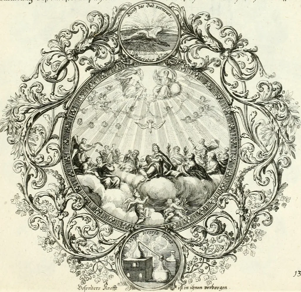 An illustration from Heilige Augen- und Gemüths-Lust : vorstellend, alle sonn- fest- und feyrtägliche nicht nur Evangelien, sondern auch Epistelen und Lectionen, jene historisch : diese auch emblemmatisch, und mit curieusen Einfassungen : in vielen Kupffer-Stücken von frembder und gantz neuer Invention : so wohl zur Kunst-Ubung als Unterhaltung Gottseeliger Betrachtungen, wie auch Vermehrung der Kupffer-Bibelen und Ausszierung aller christlichen Postillen dienlich, 1706, leaf 42