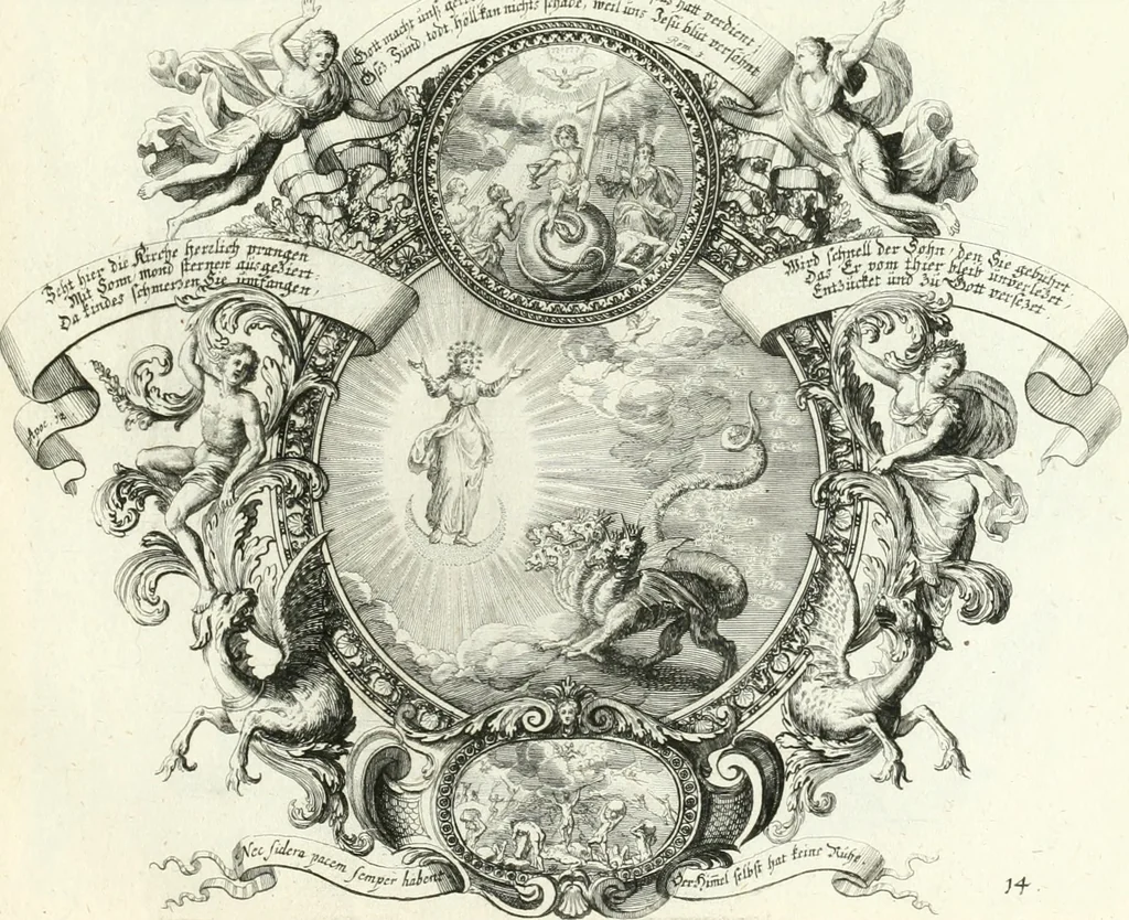 An illustration from Heilige Augen- und Gemüths-Lust : vorstellend, alle sonn- fest- und feyrtägliche nicht nur Evangelien, sondern auch Epistelen und Lectionen, jene historisch : diese auch emblemmatisch, und mit curieusen Einfassungen : in vielen Kupffer-Stücken von frembder und gantz neuer Invention : so wohl zur Kunst-Ubung als Unterhaltung Gottseeliger Betrachtungen, wie auch Vermehrung der Kupffer-Bibelen und Ausszierung aller christlichen Postillen dienlich, 1706, leaf 44