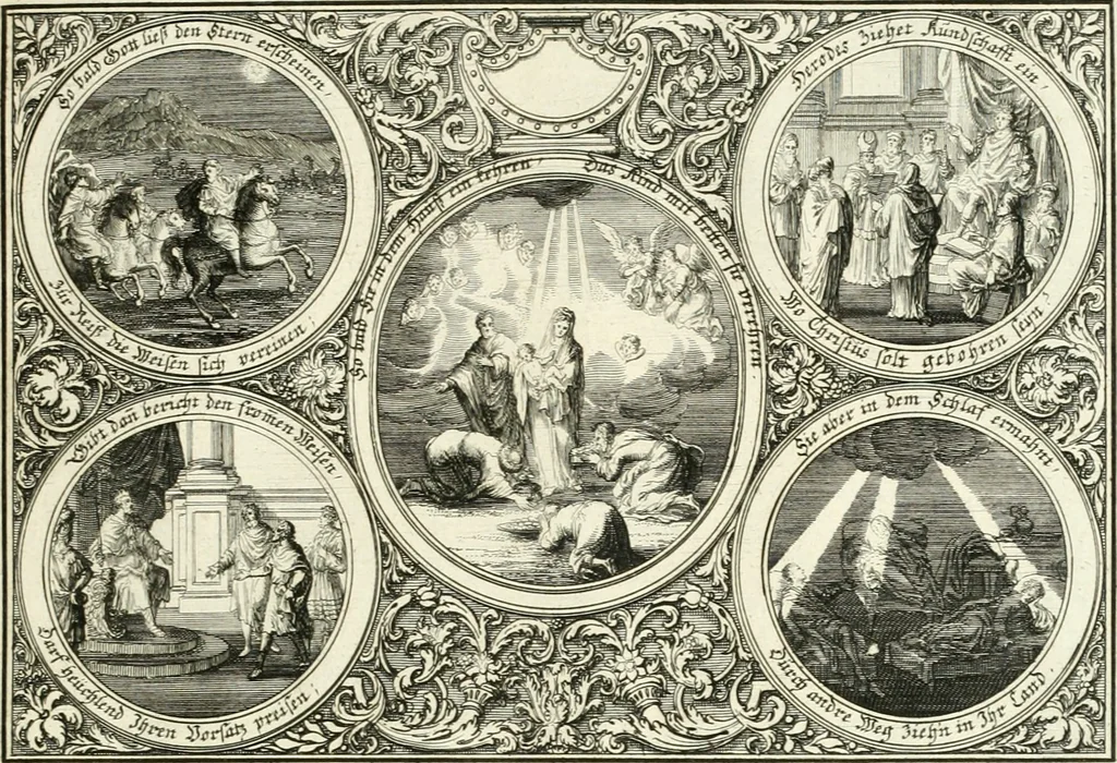 An illustration from Heilige Augen- und Gemüths-Lust : vorstellend, alle sonn- fest- und feyrtägliche nicht nur Evangelien, sondern auch Epistelen und Lectionen, jene historisch : diese auch emblemmatisch, und mit curieusen Einfassungen : in vielen Kupffer-Stücken von frembder und gantz neuer Invention : so wohl zur Kunst-Ubung als Unterhaltung Gottseeliger Betrachtungen, wie auch Vermehrung der Kupffer-Bibelen und Ausszierung aller christlichen Postillen dienlich, 1706, leaf 46