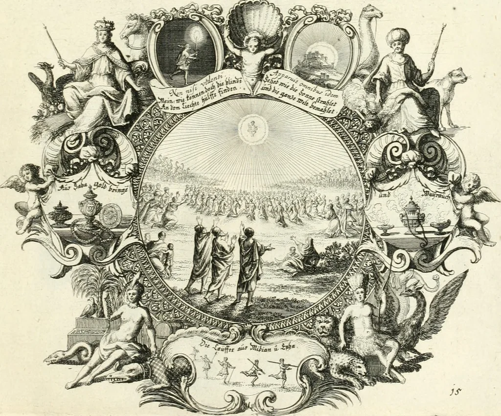 An illustration from Heilige Augen- und Gemüths-Lust : vorstellend, alle sonn- fest- und feyrtägliche nicht nur Evangelien, sondern auch Epistelen und Lectionen, jene historisch : diese auch emblemmatisch, und mit curieusen Einfassungen : in vielen Kupffer-Stücken von frembder und gantz neuer Invention : so wohl zur Kunst-Ubung als Unterhaltung Gottseeliger Betrachtungen, wie auch Vermehrung der Kupffer-Bibelen und Ausszierung aller christlichen Postillen dienlich, 1706, leaf 46