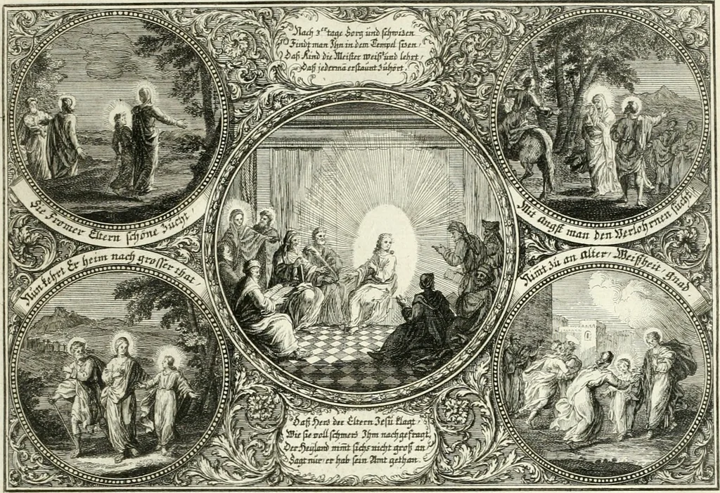 An illustration from Heilige Augen- und Gemüths-Lust : vorstellend, alle sonn- fest- und feyrtägliche nicht nur Evangelien, sondern auch Epistelen und Lectionen, jene historisch : diese auch emblemmatisch, und mit curieusen Einfassungen : in vielen Kupffer-Stücken von frembder und gantz neuer Invention : so wohl zur Kunst-Ubung als Unterhaltung Gottseeliger Betrachtungen, wie auch Vermehrung der Kupffer-Bibelen und Ausszierung aller christlichen Postillen dienlich, 1706, leaf 48