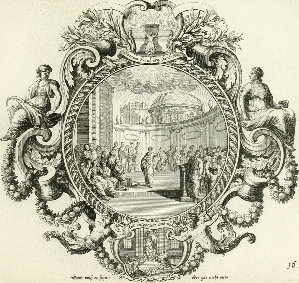 An illustration from Heilige Augen- und Gemüths-Lust : vorstellend, alle sonn- fest- und feyrtägliche nicht nur Evangelien, sondern auch Epistelen und Lectionen, jene historisch : diese auch emblemmatisch, und mit curieusen Einfassungen : in vielen Kupffer-Stücken von frembder und gantz neuer Invention : so wohl zur Kunst-Ubung als Unterhaltung Gottseeliger Betrachtungen, wie auch Vermehrung der Kupffer-Bibelen und Ausszierung aller christlichen Postillen dienlich, 1706, leaf 48