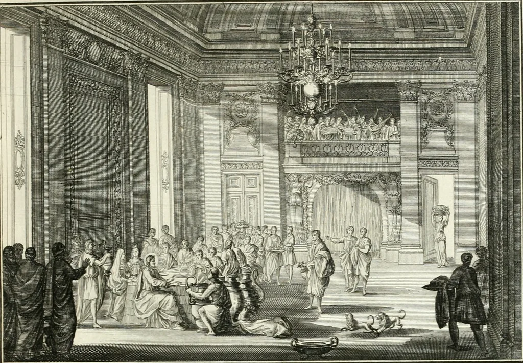 An illustration from Heilige Augen- und Gemüths-Lust : vorstellend, alle sonn- fest- und feyrtägliche nicht nur Evangelien, sondern auch Epistelen und Lectionen, jene historisch : diese auch emblemmatisch, und mit curieusen Einfassungen : in vielen Kupffer-Stücken von frembder und gantz neuer Invention : so wohl zur Kunst-Ubung als Unterhaltung Gottseeliger Betrachtungen, wie auch Vermehrung der Kupffer-Bibelen und Ausszierung aller christlichen Postillen dienlich, 1706, leaf 50