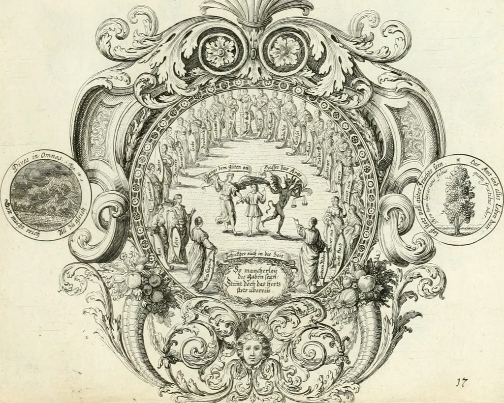 An illustration from Heilige Augen- und Gemüths-Lust : vorstellend, alle sonn- fest- und feyrtägliche nicht nur Evangelien, sondern auch Epistelen und Lectionen, jene historisch : diese auch emblemmatisch, und mit curieusen Einfassungen : in vielen Kupffer-Stücken von frembder und gantz neuer Invention : so wohl zur Kunst-Ubung als Unterhaltung Gottseeliger Betrachtungen, wie auch Vermehrung der Kupffer-Bibelen und Ausszierung aller christlichen Postillen dienlich, 1706, leaf 50