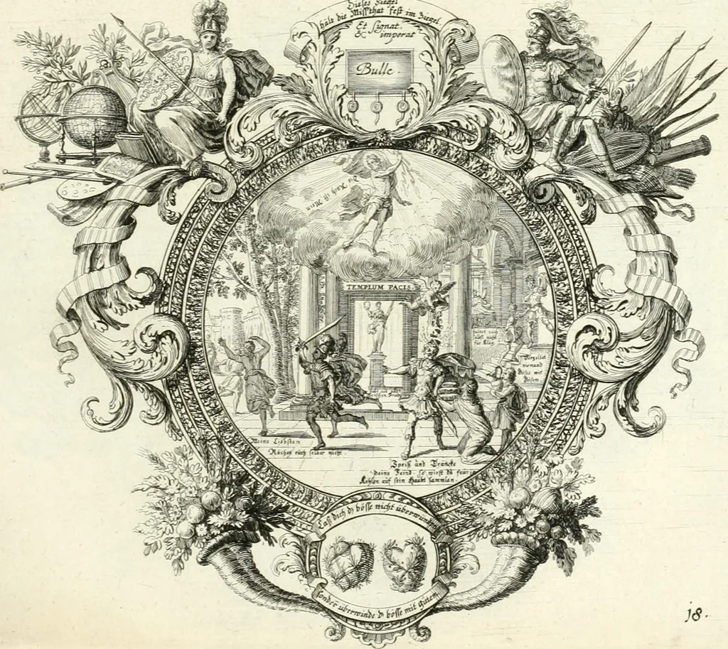 An illustration from Heilige Augen- und Gemüths-Lust : vorstellend, alle sonn- fest- und feyrtägliche nicht nur Evangelien, sondern auch Epistelen und Lectionen, jene historisch : diese auch emblemmatisch, und mit curieusen Einfassungen : in vielen Kupffer-Stücken von frembder und gantz neuer Invention : so wohl zur Kunst-Ubung als Unterhaltung Gottseeliger Betrachtungen, wie auch Vermehrung der Kupffer-Bibelen und Ausszierung aller christlichen Postillen dienlich, 1706, leaf 52