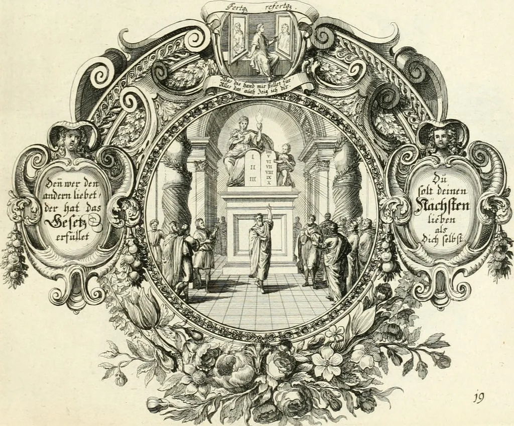 An illustration from Heilige Augen- und Gemüths-Lust : vorstellend, alle sonn- fest- und feyrtägliche nicht nur Evangelien, sondern auch Epistelen und Lectionen, jene historisch : diese auch emblemmatisch, und mit curieusen Einfassungen : in vielen Kupffer-Stücken von frembder und gantz neuer Invention : so wohl zur Kunst-Ubung als Unterhaltung Gottseeliger Betrachtungen, wie auch Vermehrung der Kupffer-Bibelen und Ausszierung aller christlichen Postillen dienlich, 1706, leaf 54