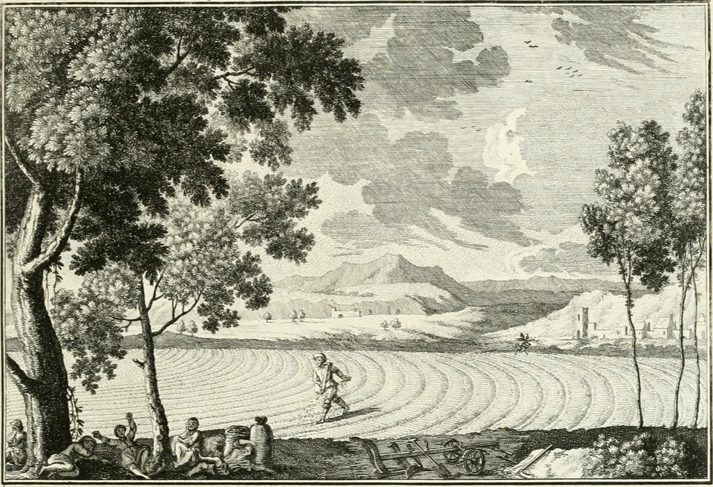 An illustration from Heilige Augen- und Gemüths-Lust : vorstellend, alle sonn- fest- und feyrtägliche nicht nur Evangelien, sondern auch Epistelen und Lectionen, jene historisch : diese auch emblemmatisch, und mit curieusen Einfassungen : in vielen Kupffer-Stücken von frembder und gantz neuer Invention : so wohl zur Kunst-Ubung als Unterhaltung Gottseeliger Betrachtungen, wie auch Vermehrung der Kupffer-Bibelen und Ausszierung aller christlichen Postillen dienlich, 1706, leaf 56
